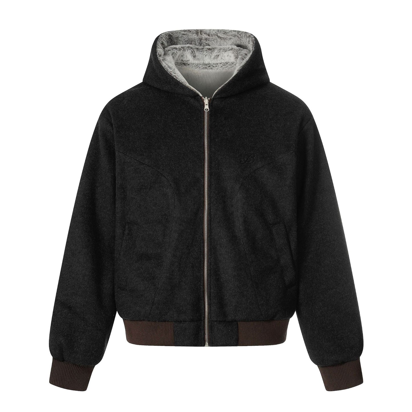 Minimalist Solid Color Fleece Reversible Zip-Up Hooded Warm Cotton Coat