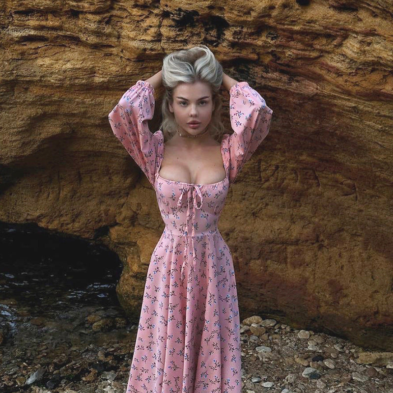 Printed square collar tied sexy slit floral dress