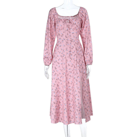 Printed square collar tied sexy slit floral dress